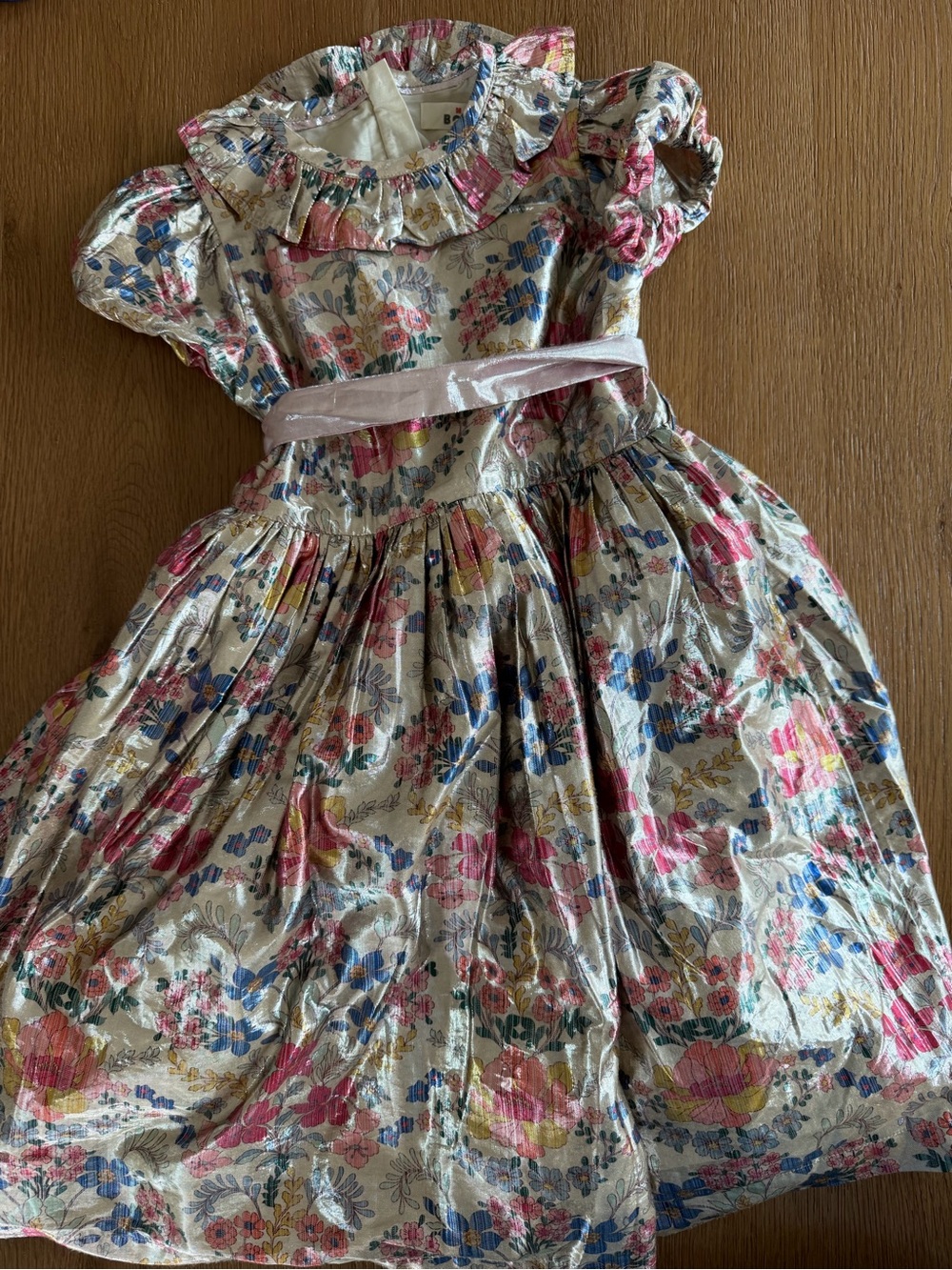 Mini Boden Metallic Floral Party Dress with Pink Sash